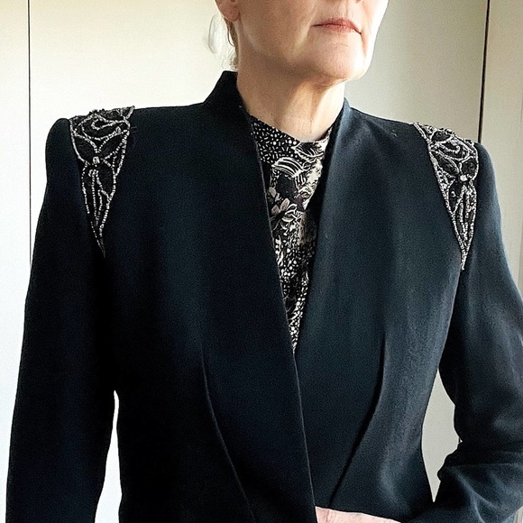 Vintage 80s Nolan Miller Designer Wool Jacket, Long Blazer, Beaded Shoulder, - Picture 4 of 8